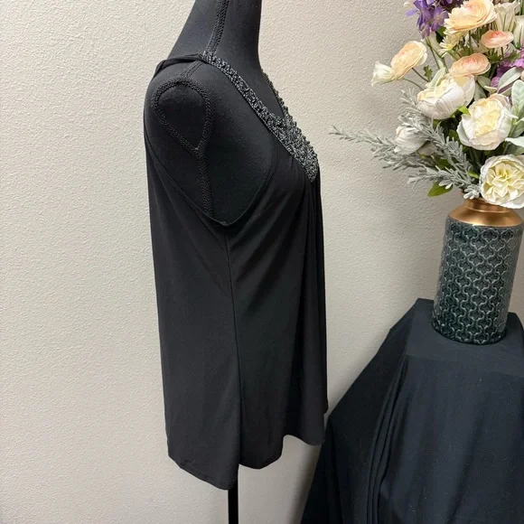 Black Embellished Beaded Scoop Neck Tank Top by Dots Party Chic - Picture 4 of 7